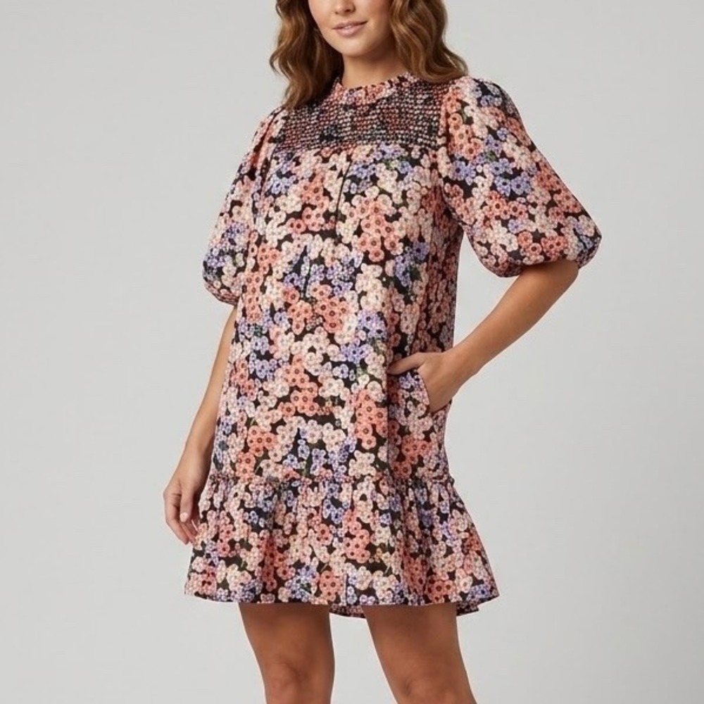 Banjanan Mini Dress 100% Cotton Pink Floral Smocked Ruffle Hem Size Medium